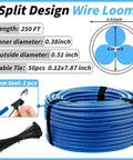 Blue Split Wire Loom Tubing Half Inch 250 Ft Auto Marine Wire Protector Conduit Kit with Easy Install Tool and 50 Cable Ties
