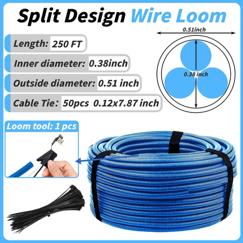 Blue Split Wire Loom Tubing Half Inch 250 Ft Auto Marine Wire Protector Conduit Kit with Easy Install Tool and 50 Cable Ties