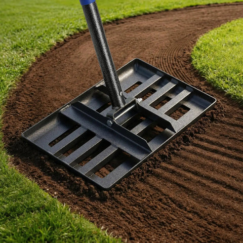6 Foot Lawn Leveling Rake With 17 By 10 Inch Head For Smooth Grass Soil Dirt And Sand used on garden path