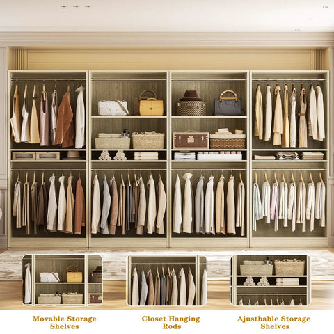 Built Different 12 Foot Modular Closet System With 8 Hanging Rods, Heavy Duty 4 Piece Wood Wardrobe Organizer With 2800 Lbs Capacity, White Oak Finish Wall To Wall Storage Shelves For Walk In Closets