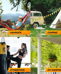 Split image showing a man relaxing in a hammock, a camping setup with a van and tent, people training in a gym, and a porch with hanging plant.