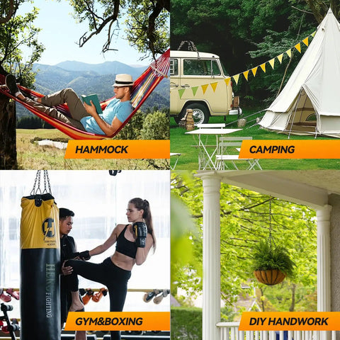 Split image showing a man relaxing in a hammock, a camping setup with a van and tent, people training in a gym, and a porch with hanging plant.