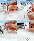 Top Tier Crafting Kit Featuring Two Replacement Blades Durable Housing And Foil Transfer Tip Designed For Electronic Vinyl Cutters Giving You A Serious Upgrade On Cardstock Stickers And Paper That Is A Total Game Changer installation steps for foil tip and blades with hands, machine parts visible.