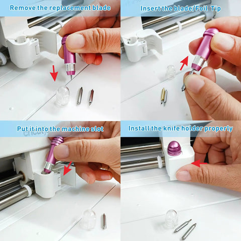 Top Tier Crafting Kit Featuring Two Replacement Blades Durable Housing And Foil Transfer Tip Designed For Electronic Vinyl Cutters Giving You A Serious Upgrade On Cardstock Stickers And Paper That Is A Total Game Changer installation steps for foil tip and blades with hands, machine parts visible.