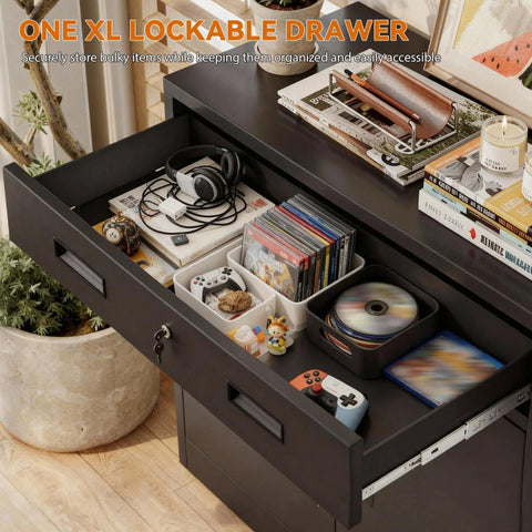 Open drawer of Beefy Heavy Duty Metal Storage Cabinet with assorted items, showcasing lock and spacious compartment.