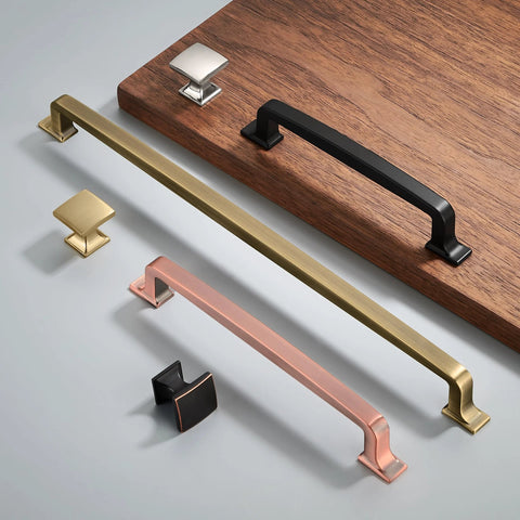 Assorted cabinet handles and pulls on wood board, featuring 2 Pack 12 Inch Cabinet Handles Champagne Bronze Warm Brass Cabinet Pulls