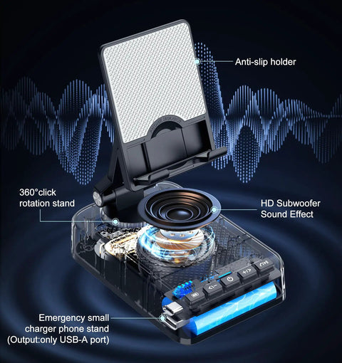 All In One Phone Stand With Bluetooth Speaker And Charging Dock 360 Degree Rotating HD Stereo Sound Built In Microphone