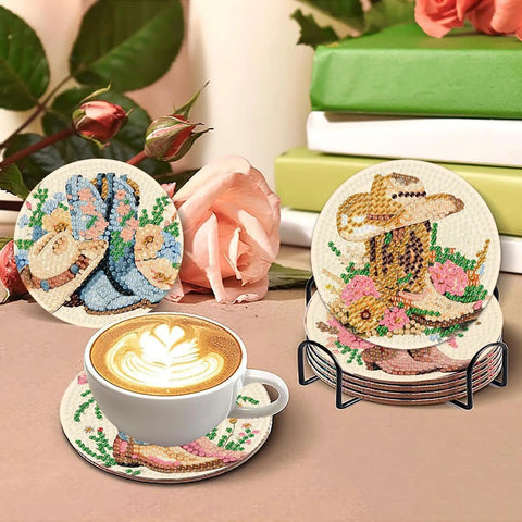 8 Pcs Cowboy Boots Diamond Art Coaster Kit For Adults Beginners Diy Craft Lovers With Holder Cork Pads Diamond Painting Pen