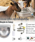 Heavy Duty Stainless Steel Water Dispenser For Dogs Cats And Poultry With Smart Float Valve Auto Refill, water bowl and setup parts.