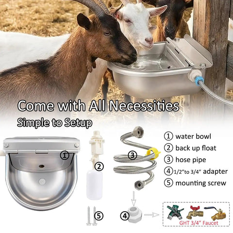 Heavy Duty Stainless Steel Water Dispenser For Dogs Cats And Poultry With Smart Float Valve Auto Refill, water bowl and setup parts.