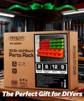 Box of 30 Bin Wall Mounted Hardware Organizer For Screws Nuts Bolts Nails And Small Parts in garage setting.