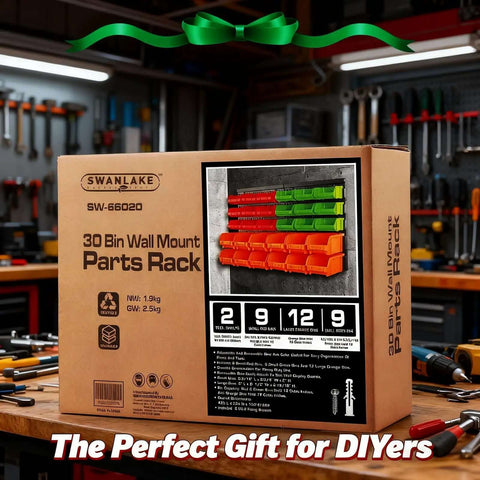 Box of 30 Bin Wall Mounted Hardware Organizer For Screws Nuts Bolts Nails And Small Parts in garage setting.