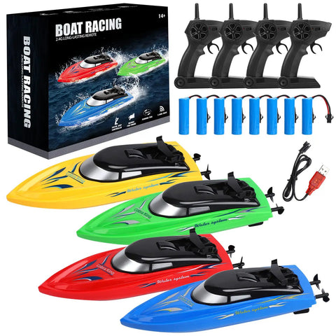 4 Pack Remote Control Boats For Kids And Adults, Totally Fast High Speed 2.4G RC Boat Reaching 10 Km Per Hour, Fast RC Boats For Pools And Lakes, Includes 8 Rechargeable Batteries, 4 Remotes, USB Cables, And Tools on display