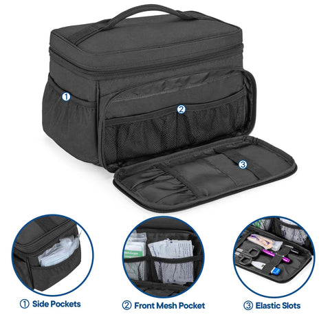 Damero small medicine storage bag, black fabric first-aid organizer with top handle, front mesh pocket and side pockets.