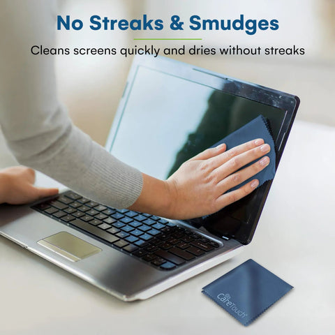 Care Touch navy blue microfiber cleaning cloths; two cloths visible on a laptop screen.