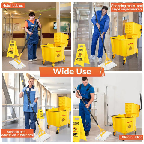 No Sweat Heavy Duty Commercial Mop Bucket On Wheels With Side Press Wringer And 35 Quart Size used in hotel and office cleaning.