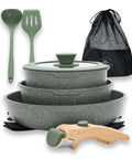 Detachable-Handle 10 Piece Camping Cookware Set Nonstick Induction Pots And Pans Green Granite with utensils and carry bag