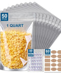 50 Pack Mylar Bags For Food Storage With Clear Window In 1 Quart Size showing contents and 400CC Oxygen Absorbers