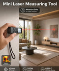 Ultra-Compact Laser Distance Meter Keychain Tool, 2.7 Inch Digital Tape Measure with backlit display in modern room