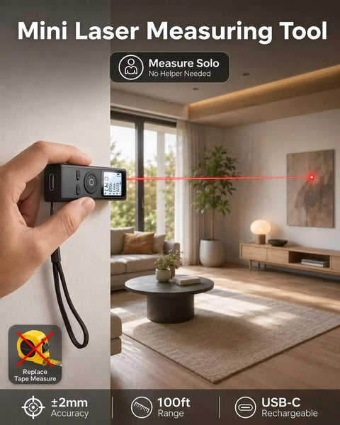 Ultra-Compact Laser Distance Meter Keychain Tool, 2.7 Inch Digital Tape Measure with backlit display in modern room