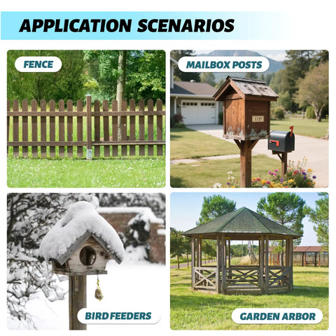Application scenarios for No Dig Ground Screw Anchor For 4x4 Wood Posts including fence, mailbox posts, bird feeders, and garden arbor.