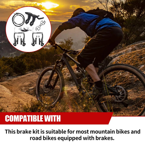 Cyclist on trail with inset of All In One Bike Brake Kit With Front And Rear Calipers Levers Cables Plus Multi Tool And Wrenches