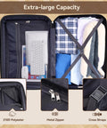 Expandable luggage set with spinner wheels showcasing extra-large capacity, metal zipper, cross straps, and 210D polyester interior.