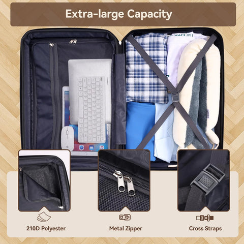 Expandable luggage set with spinner wheels showcasing extra-large capacity, metal zipper, cross straps, and 210D polyester interior.