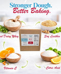 Dough Conditioner For Bread Baking 25 Lb Pack Boosts Rise Texture and Fluff packaging surrounded by key ingredients