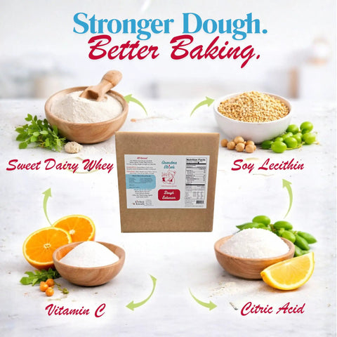 Dough Conditioner For Bread Baking 25 Lb Pack Boosts Rise Texture and Fluff packaging surrounded by key ingredients
