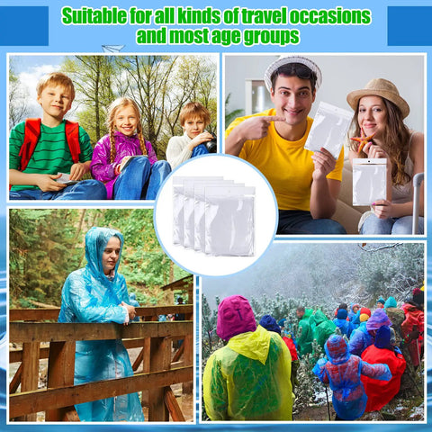 Collage of 100 Pack Hooded Adult Rain Ponchos Disposable Bulk Plastic Rain Gear For Men And Women White Emergency Raincoats