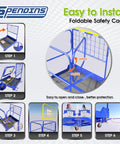 Illustration of Rock Solid Foldable Forklift Safety Cage For Two Workers, showing installation steps and features.