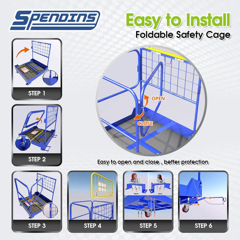 Illustration of Rock Solid Foldable Forklift Safety Cage For Two Workers, showing installation steps and features.