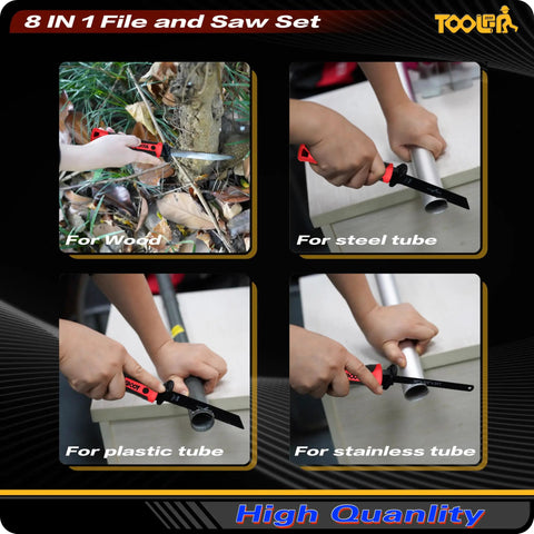 All In One 8 In 1 Hand Saw With Quick Change Blades used on wood, steel tube, plastic tube, and stainless steel tube in four images