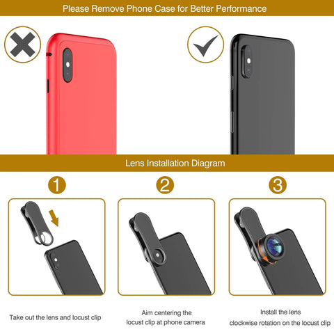 Lens installation diagram for 3 In 1 Phone Lens Kit For Android With 198 Degree Fisheye, 120 Degree Wide And Macro - Clip-On Cell Phone Lenses for Samsung Galaxy and more.
