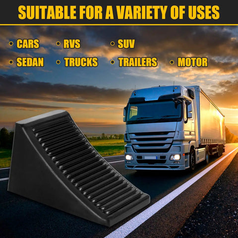 Heavy Duty Rubber Wheel Chocks Four Pack with ribbed design beside a truck at sunset