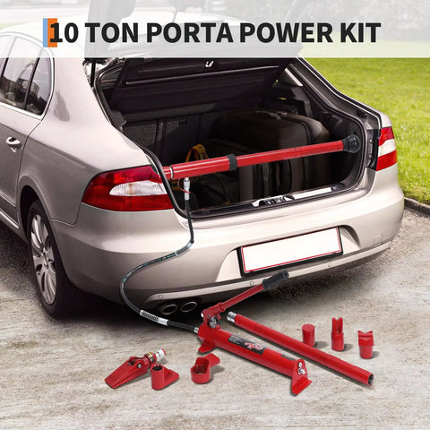 10 Ton Hydraulic Porta Power Kit With Hand Pump And Flexible Oil Hose Complete Spreader Tool Set For Auto Body Repair Engine Cradles Includes Rugged Rollable Storage Barrel For Professional Shop Jobs And Ride Restoration