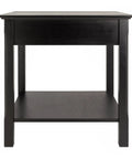 Round Beechwood End Table In Black Finish With Storage Drawer And Open Shelf, Rustic Modern Accent Piece, front view