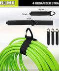 Four organizer straps securing a green hose, showing 15-inch size and black color, part of Four Pack Waterproof RV Hose Bags And Utility Storage Set For Sewer Hoses, Fresh Water Hoses, Cords, And Camper Tools, Color Coded For Easy Organization In Your Camper, RV Or Travel Trailer.