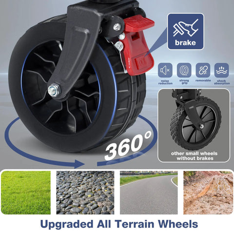 Close-up of Collapsible Wagon Cart With Big Wheels And Brakes 250 Pound Capacity Lightweight Foldable Utility Wagon wheel showing brake and all-terrain capability.