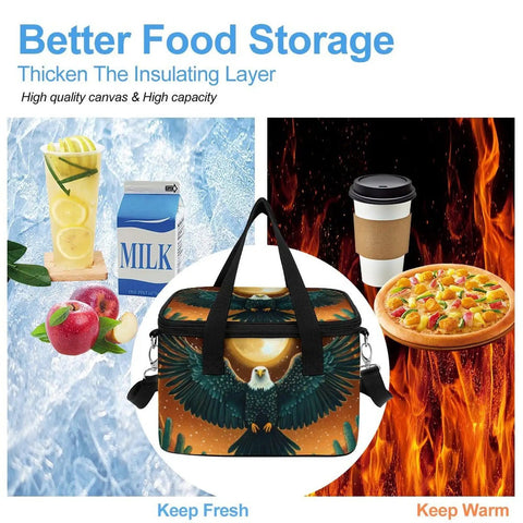 Sun And Desert Insulated Cooler Bag Lunch Tote With Adjustable Strap, eagle graphic, surrounded by food items, size 9.8 x 7.5 x 6.7 inches