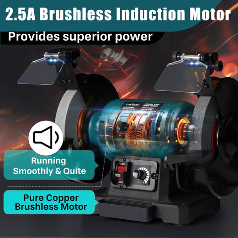 Built Tough 6 Inch Variable Speed Bench Grinder With Brushless Motor showcasing the 2.5A brushless motor and LED work light.