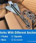 Hella Tough 316 Marine Grade Stainless Steel Anchor Chain One Quarter Inch By Four Feet with fluke anchor on boat seat.