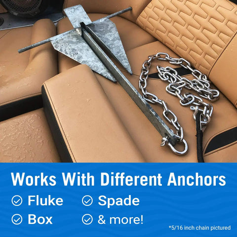 Hella Tough 316 Marine Grade Stainless Steel Anchor Chain One Quarter Inch By Four Feet with fluke anchor on boat seat.