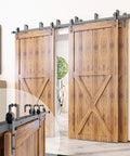 Black Rustic Double Track U Shape Bypass Sliding Barn Door Hardware Kit For Three Doors 10ft installed view