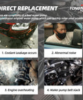 Symptoms of a bad water pump including coolant leakage, abnormal noise, engine overheating, and belt slack for 3.6L V6 vehicles.