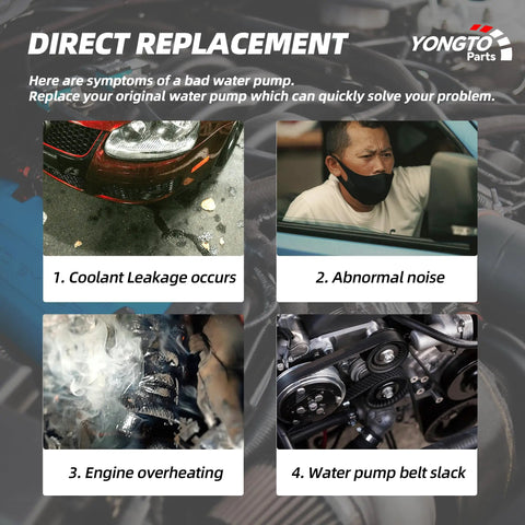 Symptoms of a bad water pump including coolant leakage, abnormal noise, engine overheating, and belt slack for 3.6L V6 vehicles.