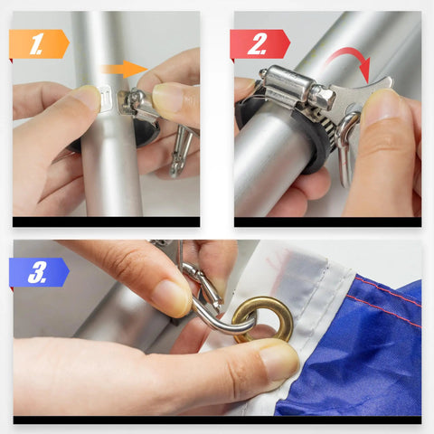 4 Pack Flagpole Clamps And Clips Kit With Carabiner And Silicone Anti Slip Strips For Secure Outdoor Flags Assembly Steps
