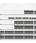 Stacked view of five 24-Port Gigabit PoE Smart Managed Stackable Ethernet Switches with 2x 10GBase-T and 2x SFP Plus uplinks, front view.