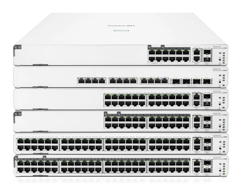Stacked view of five 24-Port Gigabit PoE Smart Managed Stackable Ethernet Switches with 2x 10GBase-T and 2x SFP Plus uplinks, front view.